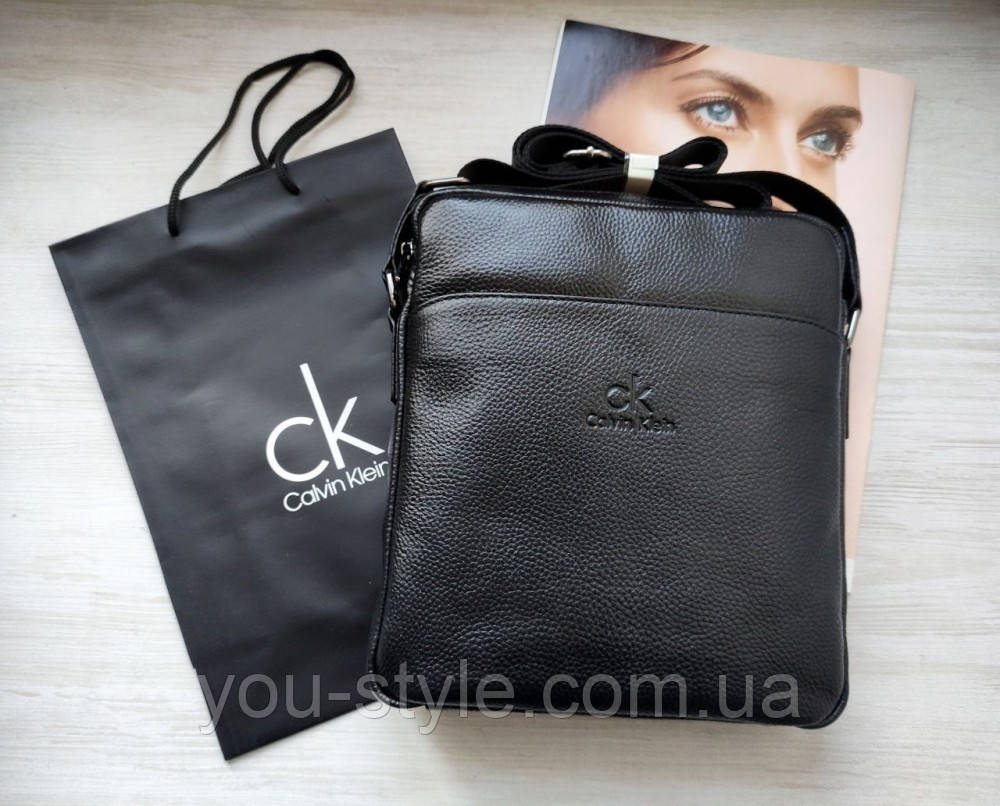 Стильна чоловіча шкіряна сумка месенджер Calvin Klein black у фірмовому пакеті