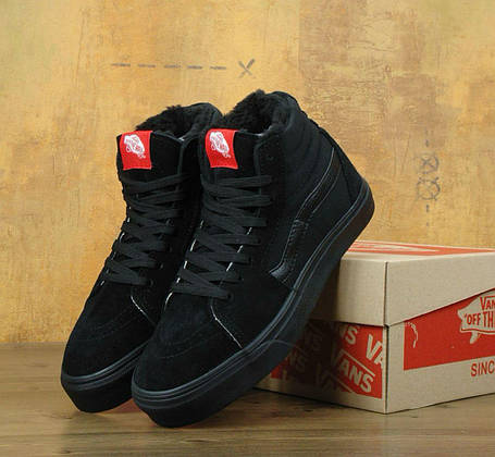 Чоловічі зимові кеди Vans SK 8 mid Winter Totak Black Ванс СК8 високі чорні кеди зимові з хутром, фото 1