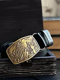 Ремінь шкіряний із латунною пряжкою подарунок на 14 жовтня "Колона" Чорна Дерев'яна коробка