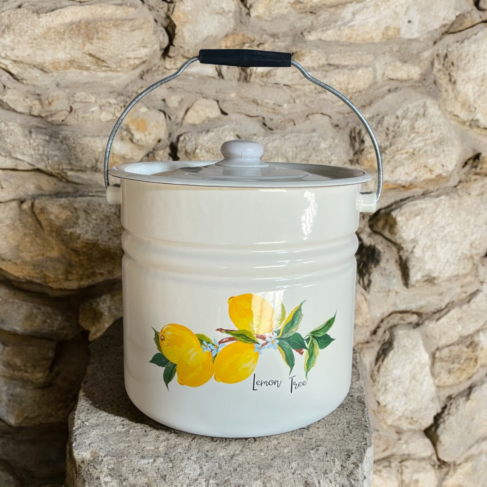 Відро емальоване з кришкою 12л Лимонне дерево молочне 1224/2 Idilia