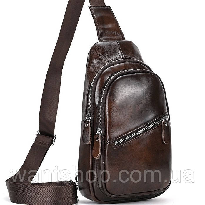Чоловічий шкіряний слинг-рюкзак на одне плече TIDING BAG TM-42621 коричнева