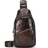 Шкіряна нагрудна сумочка рюкзак 18x32x7 / сумка слінг на одне плече / бананка для чоловіка / коричнева, фото 2