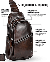 Шкіряна нагрудна сумка рюкзак  18x32x7 / слінг на одне плече / бананка для чоловіка / коричнева, фото 3