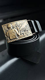 Пояс Шкіряний з Латунною Пряжкою "Солдат" Чорний | Подарунок військовому ЗСУ на День Народження