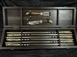 Набір шампурів «Дикі звірі», ручна робота, 6 шт, з ножем, виделкою, бронзові ручки, дерев'яний кейс (бук)