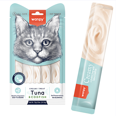 Wanpy Creamy Lickable Treats Tuna & Codfish ВАНПІ ТУНЕЦЬ З ТРІСКОЮ рідкі ласощі для котів 5х14г