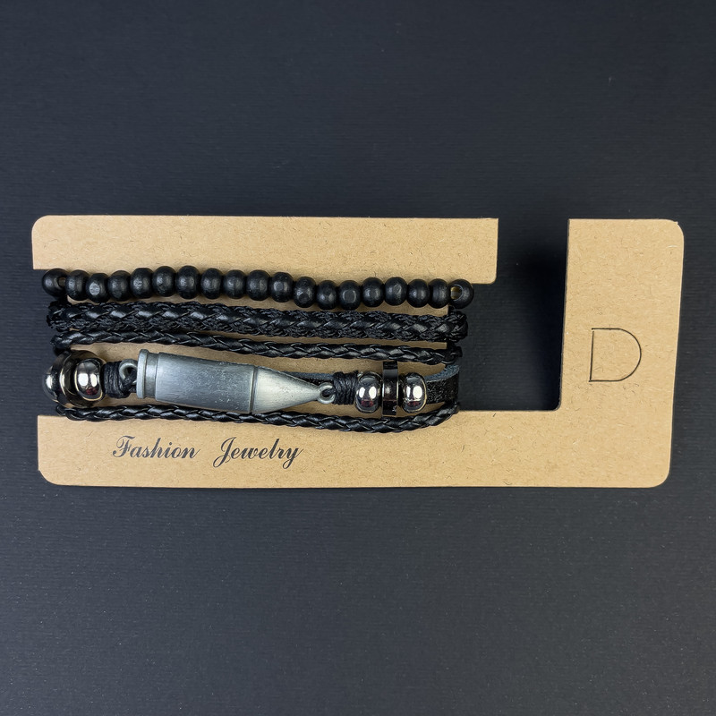 Браслет потрійний еко шкіра вставка Куля на затягуванні L-18-24см чорний, фото 1