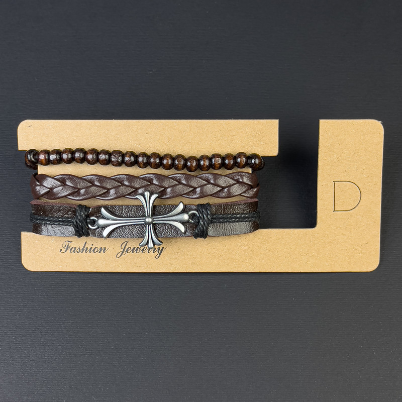 Браслет потрійний еко шкіра вставка Хрест на затягуванні L-18-24см коричневий, фото 1