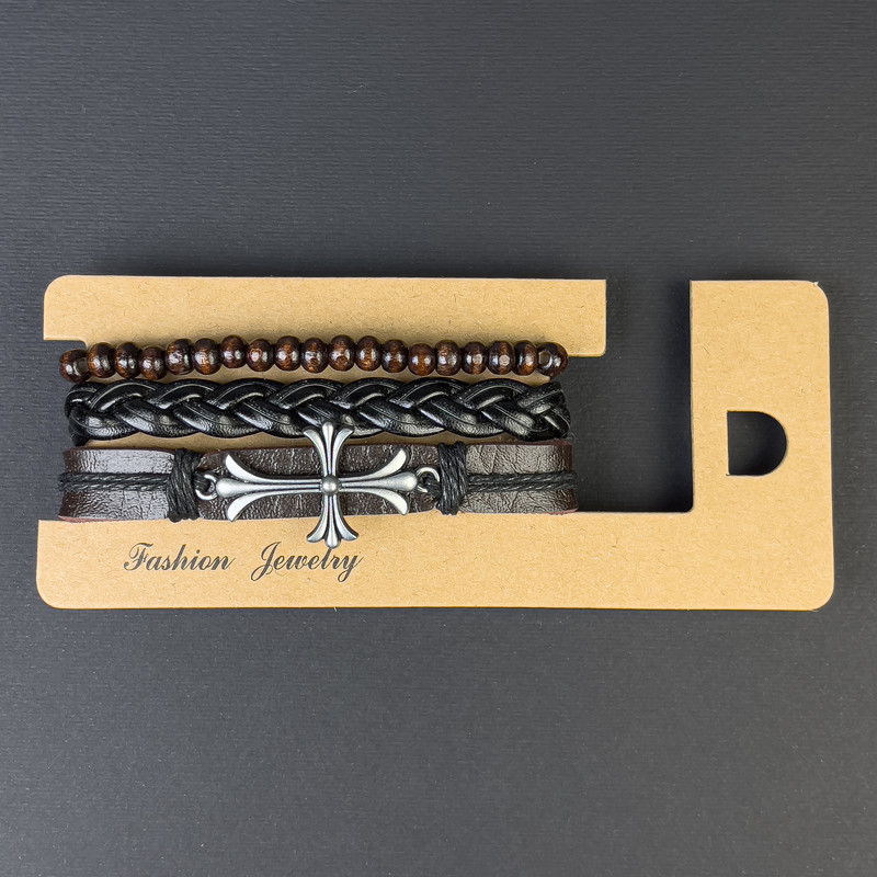 Браслет потрійний еко шкіра вставка Хрест на затягуванні L-18-24см коричневий та чорний, фото 1