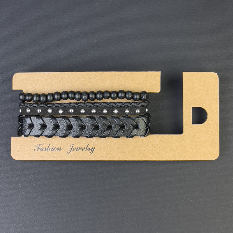 Браслет потрійний еко шкіра на затягуванні L-18-24см чорний, фото 1