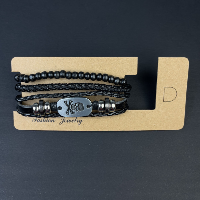 Браслет потрійний еко шкіра металеві вставки на затягуванні L-18-24см чорний, фото 1