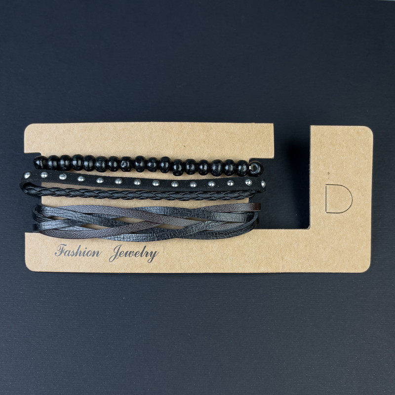 Браслет потрійний еко шкіра на затягуванні L-18-24см+- Намистини 6мм+- L-18 стрейч, фото 1