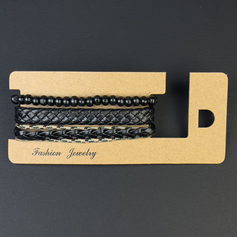 Браслет потрійний еко шкіра на затягуванні L-18-24см+- Намистини 6мм+- L-18 стрейч, фото 1