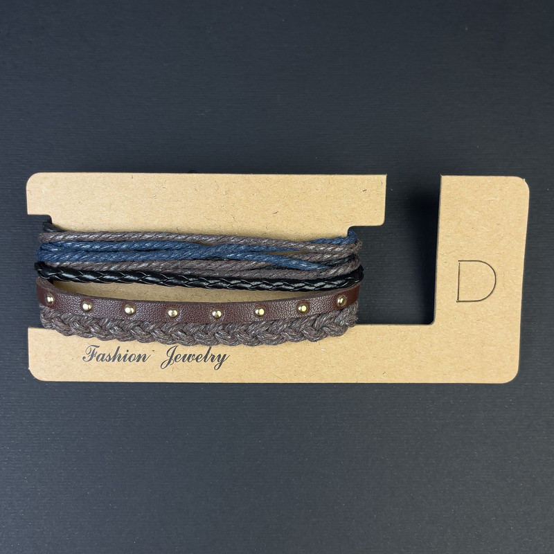Браслет потрійний еко шкіра та текстиль на затягуванні L-18-24см+-, фото 1