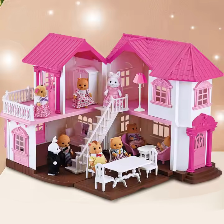 Двоповерховий іграшковий розкладний будиночок для ляльок Щаслива сім'я меблі предмети інтер'єру аксесуари світло, фото 1