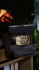 Шкіряний ремінь із латунною пряжкою "Булава" Коричневий | Подарунок чоловікові, братові, куму на День Народження