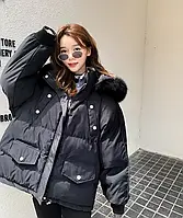 Куртка зимова жіноча оверсайз коротка з капюшоном