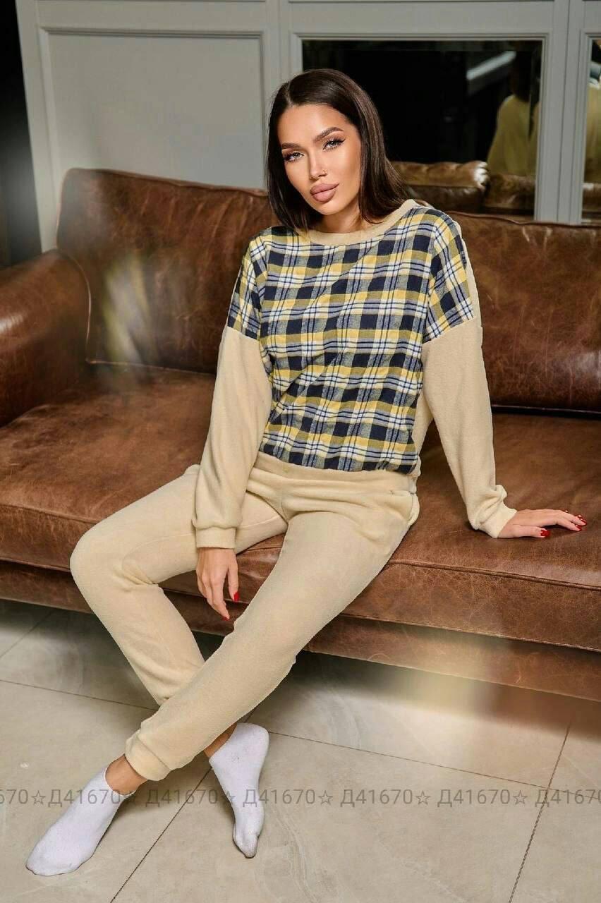 Піжама жіноча на флісі з начосом+байка клітка у бежевому кольорі, фото 1