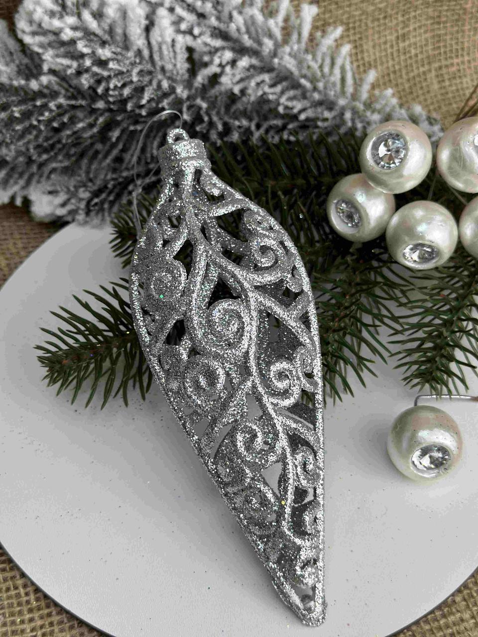 Підвіска бурулька ажурна в глітері 16 х 5см срібло, за 1 шт 10817, фото 1