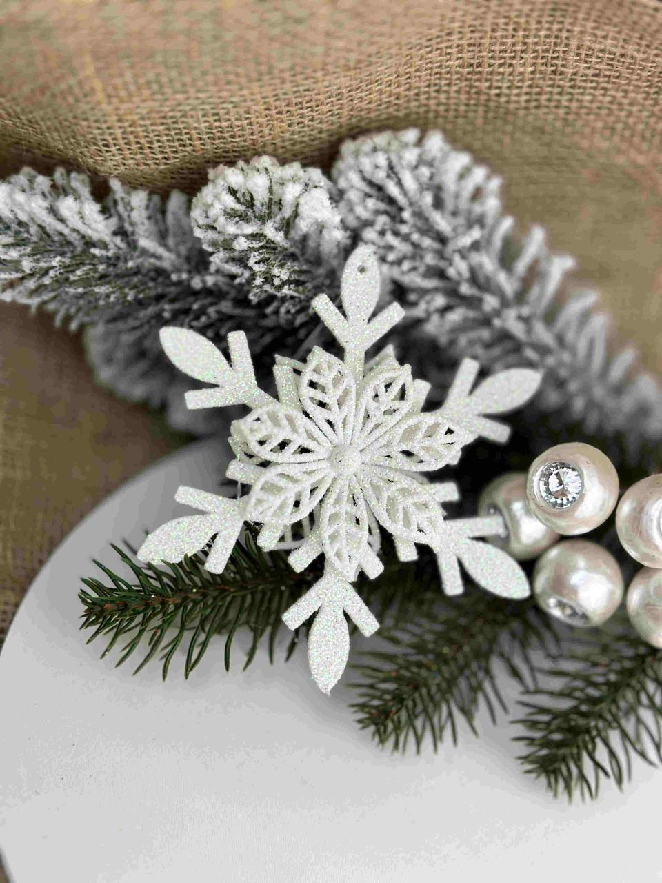 Підвіска сніжинка з квіткою з блиском 12см, біла, за 1 шт 10830, фото 1