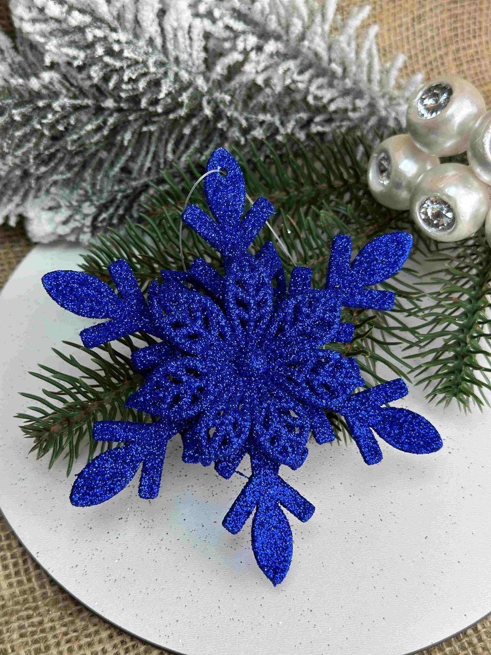 Підвіска сніжинка з квіткою з блиском 12см, синя, за 1 шт 10832, фото 1