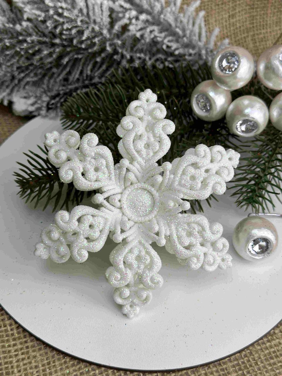 Підвіска сніжинка ажурна подвійна пластикова з блиском 11,5см, біла, за 1 шт 10819, фото 1