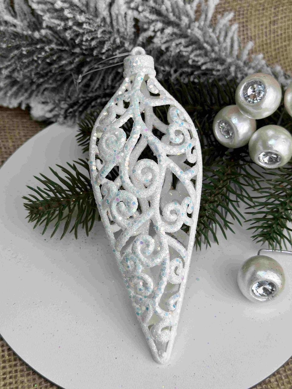 Підвіска бурулька ажурна в поталі 16 х 5см білий, за 1 шт 10815, фото 1