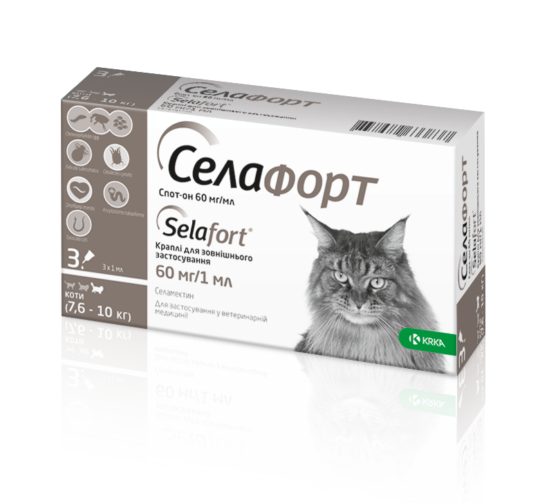 Краплі KRKA Селафорт від бліх, кліщів і гельмінтів для котів вагою 7.6-10 кг, 1 піпетка (*), фото 1