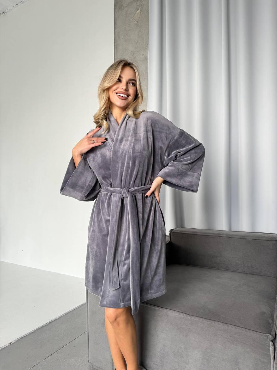 Халат теплий велюровий у сірому кольорі, фото 1