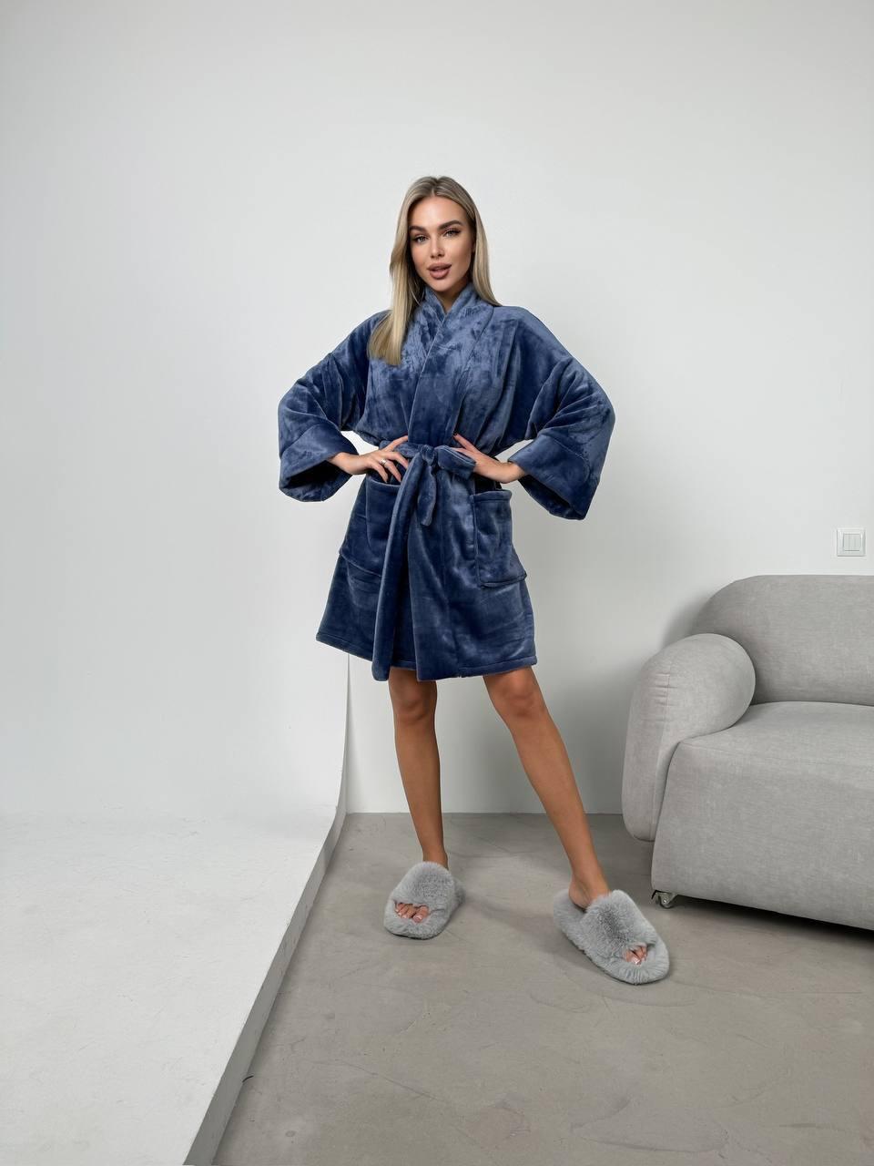 Халат теплий велюровий у синьому кольорі, фото 1