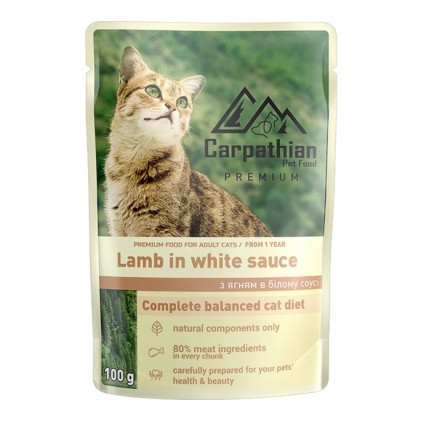 Carpathian CAT Pouch Lamb вологий корм для котів, з ягням у білому соусі 100г, фото 1