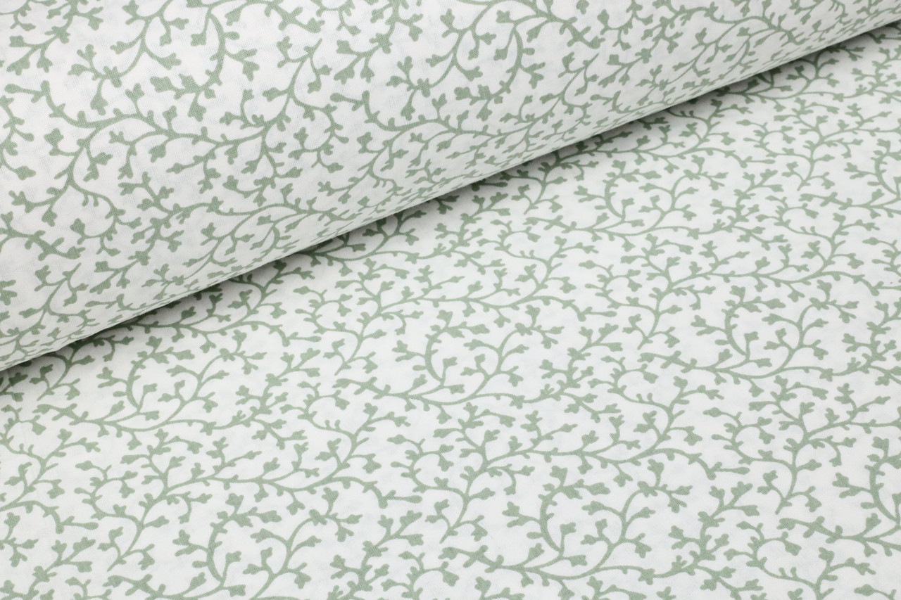 Ранфорс 240 см Дрібні гілочки пильно-зелені на білому, фото 1