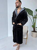 Мужской черный длинный махровый халат с капюшоном