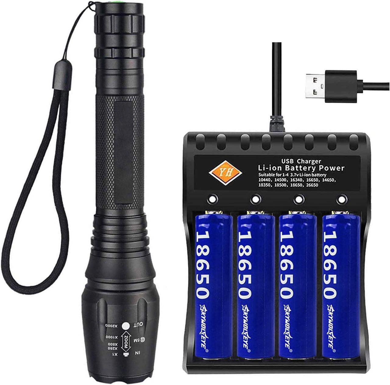 Яскравий ручний ліхтарик VISVIC, з 4 батареями 18650, що заряджаються, універсальний зарядний пристрій USB з 4 слотами, зарядний, фото 1