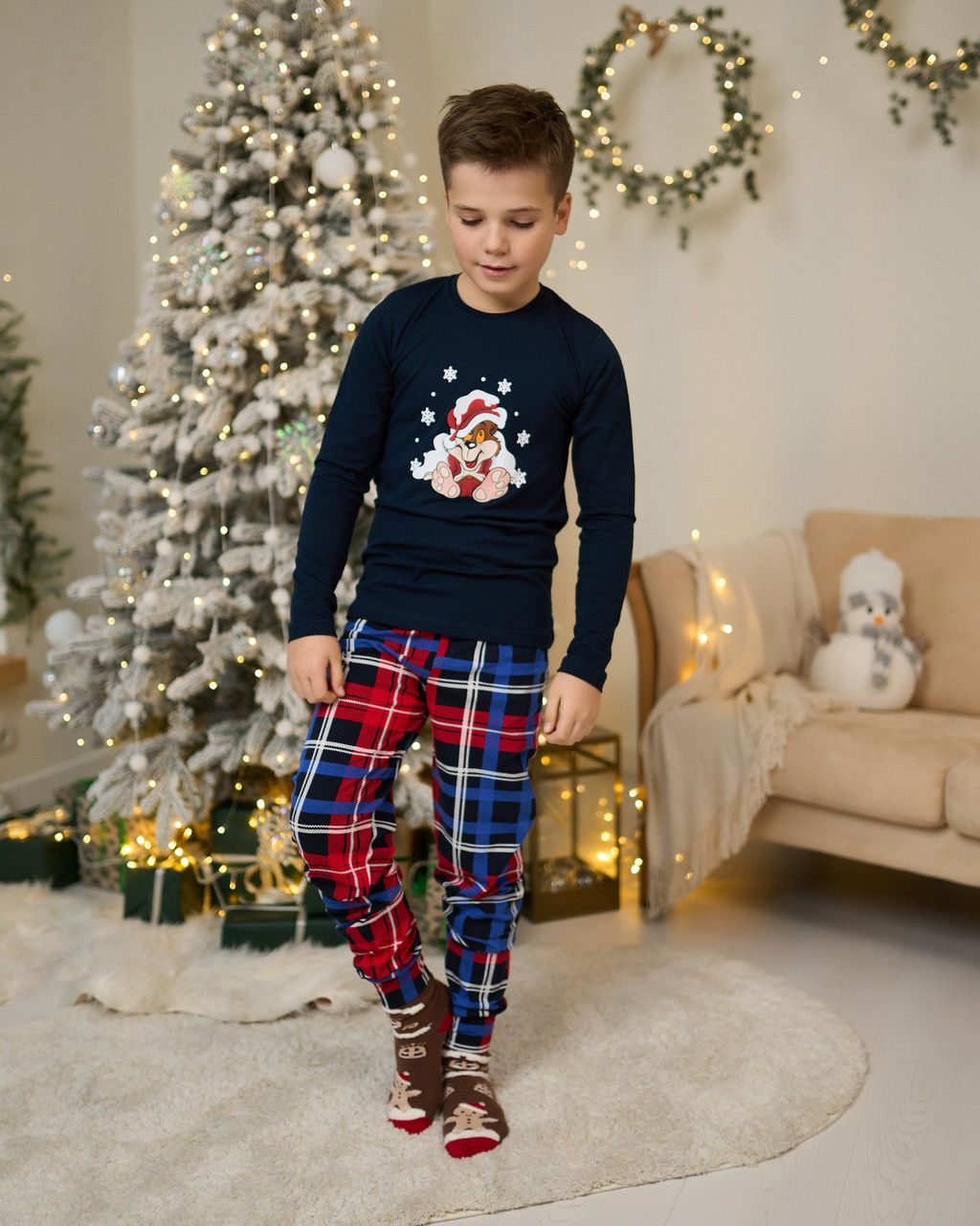 Дитяча піжама для хлопчика з брюками - Новорічний ведмедик - Family look для сім'ї