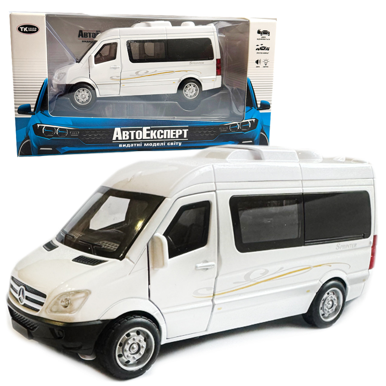 Машинка металева Mercedes-Bens Sprinter CM335 мінівен 1:32 Мерседес-Бенц спрінтер біла світло звук відкр всі двері інерція 15*5*7, фото 1