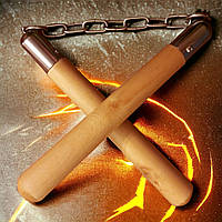 Нунчаки тренувальні дерев'яні GDragon Sport на металевому ланцюгу Коричневі