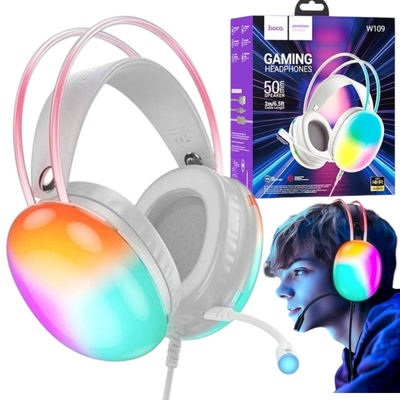 Ігрові навушники з підсвічуванням HF BIG HOCO W109 RGB Накладні навушники для ігор, геймерські навушники, білий