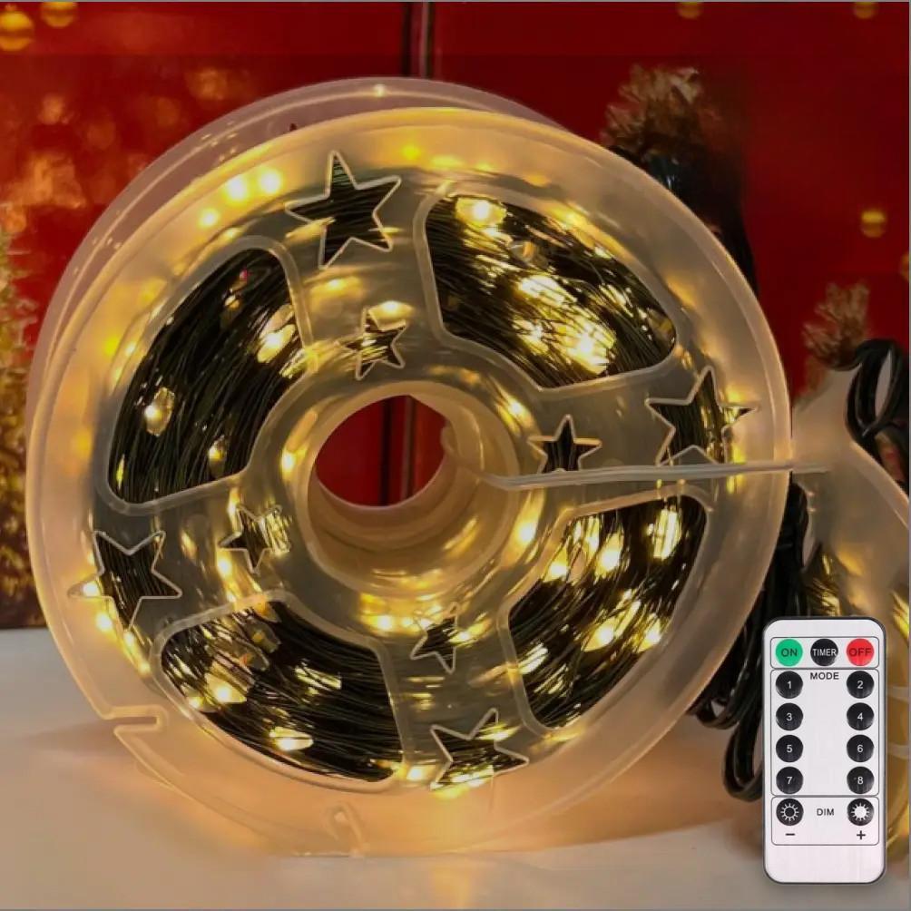 Світлодіодна гірлянда нитка "Роса" 50 м з пультом, 500 LED, 220 V, зелений дріт, 8 режимів, IP44, Теплий білий