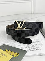Ремень Женский Луи Витон Брендовый Унисекс Черный Шахматы Золото Эко-кожа Louis Vuitton Shopingo Ремінь