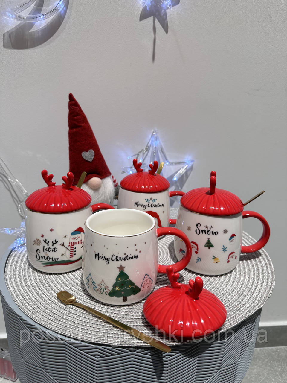 Кружка 927-230 фарфорова з кришкою та ложкою Різдвяний настрій, 400мл, фото 1