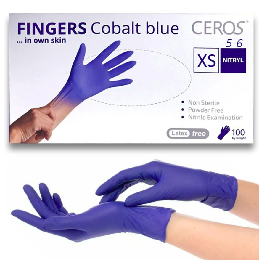 Нітрилові рукавички CEROS Fingers® Cobalt Blue XS, 100 шт/уп