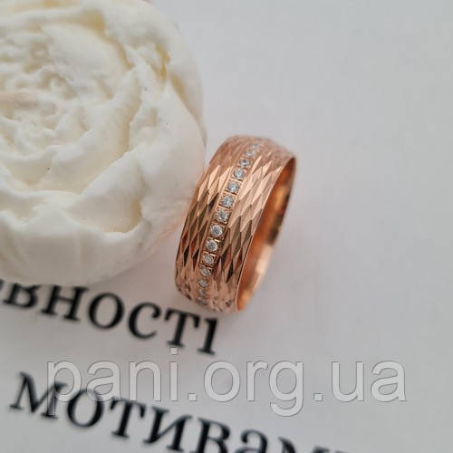 Каблучка обручка позолочена з орнаментом і фіанітами європейка, фото 1
