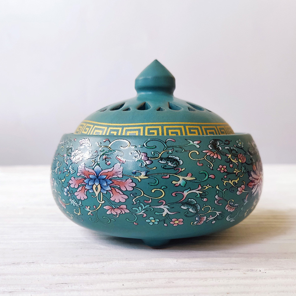 Керамічне горнятко для пахощів з ручним розписом (зелена) + комплект пахощів, фото 1