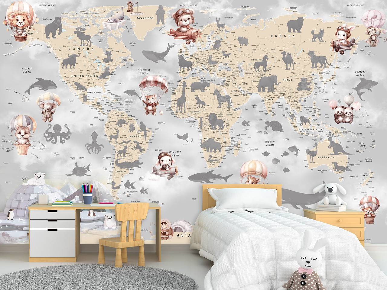 Самоклеюча плівка Oracal "Дитяча карта світу у світлих кольорах " , шпалери для дитячої кімнати, фото 1