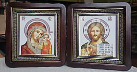 Вінчальні ікони Спаситель та Пресвята Богородиця в темному дерев'яному кіоті під склом,розмір 26*23,лік 15*18