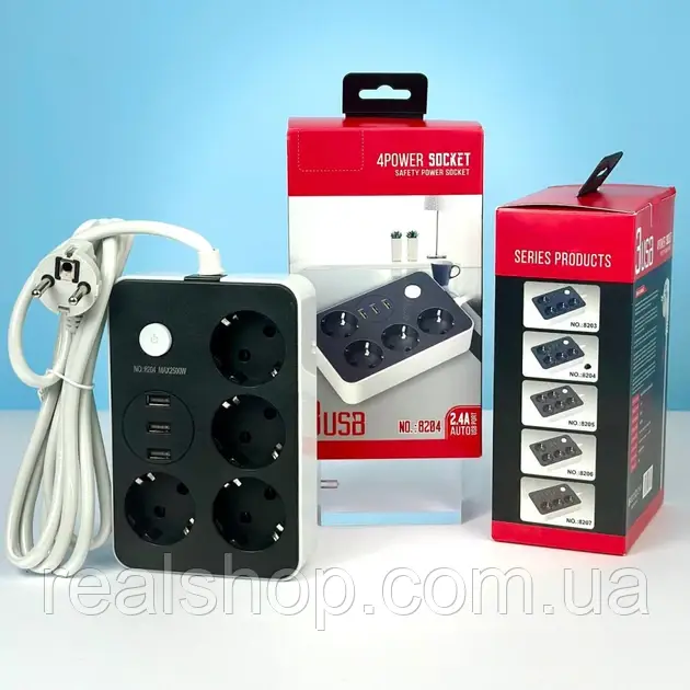 Мережевий подовжувач Power Socket 8204, 2 м, 4 розетки + 3 USB, 3.4 A