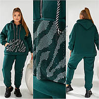 Женский теплый красивый спортивный костюм на флисе украшен стразами , кофта - худи и штаны с манжетом 48-58