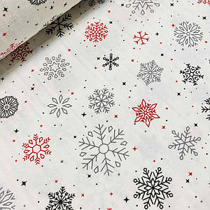 Фланелева тканина сіро-червоні сніжинки на білому (шир. 2,4 м) (FL-W-0396)