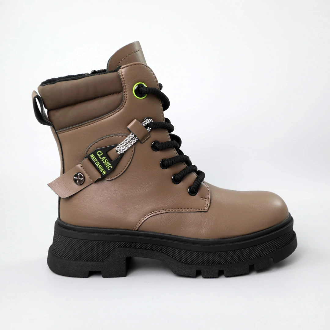 Коричневі дитячі зимові черевики з екошкіри на хутряній підкладці, фото 1